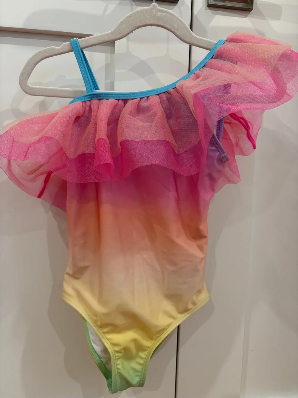 Girls MOLO Ombre Ruffle One-Shoulder Swimsuit - Pink, Yellow, Blue